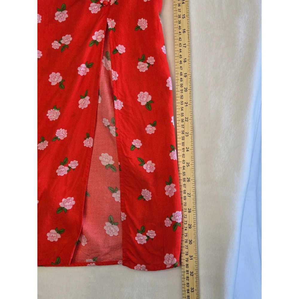 Miss Selfridge Red Floral Rose Button Side Slit Midi Skirt US 12 Viscose - Picture 5 of 9